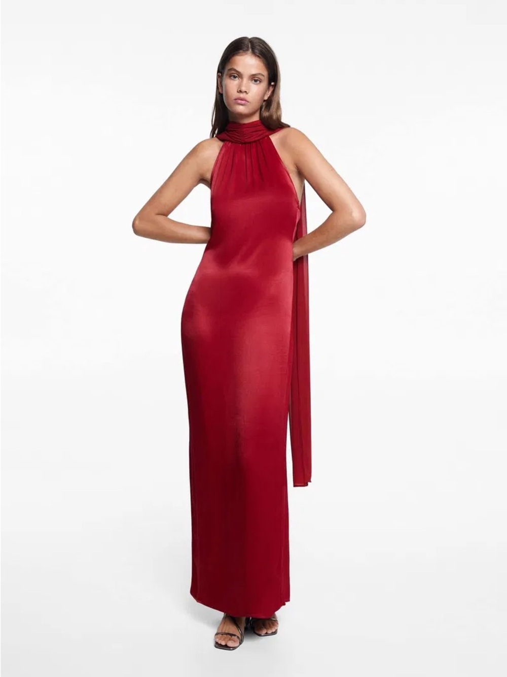 Mango Red Satin Halter Dress with Scarf